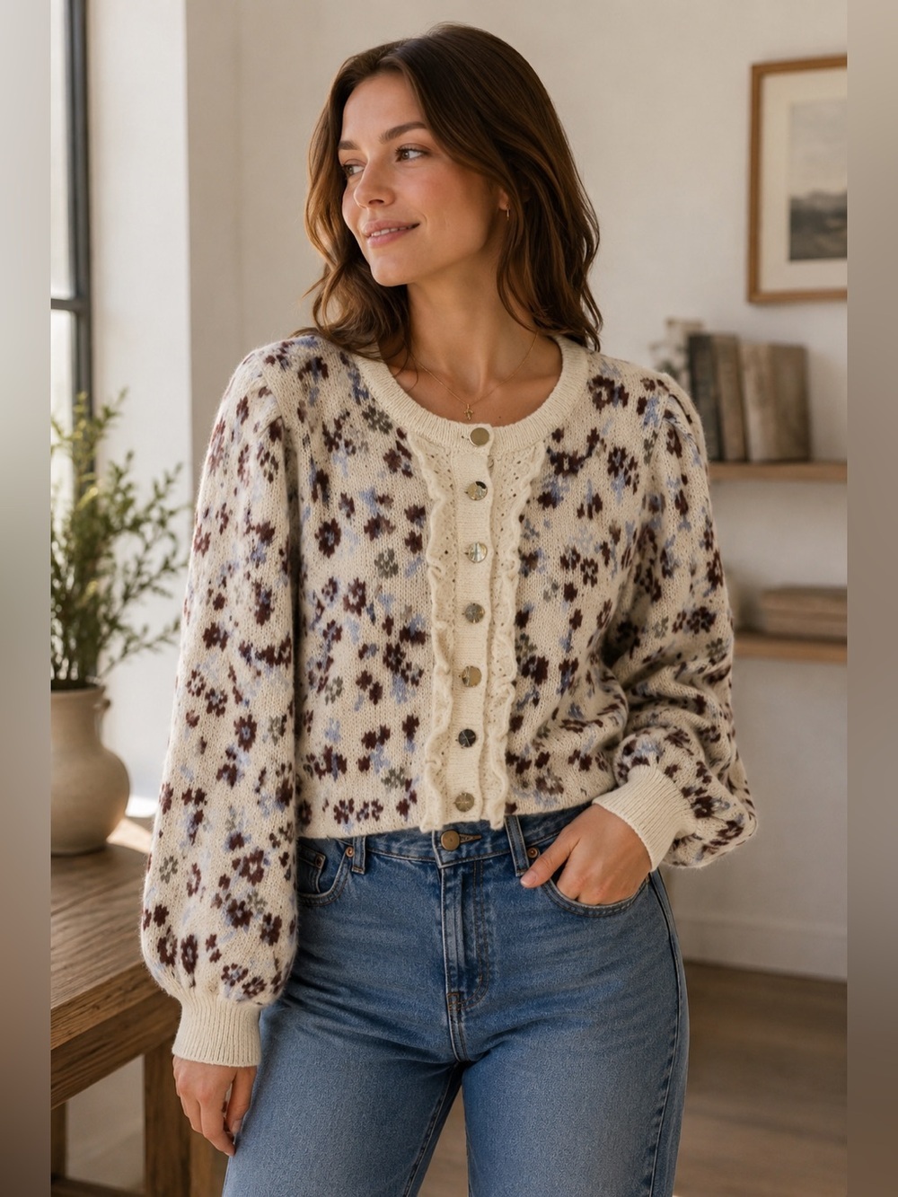 Buffalo Cream and Brown Floral Patterned Cardigan Size S Cottagecore Feminine